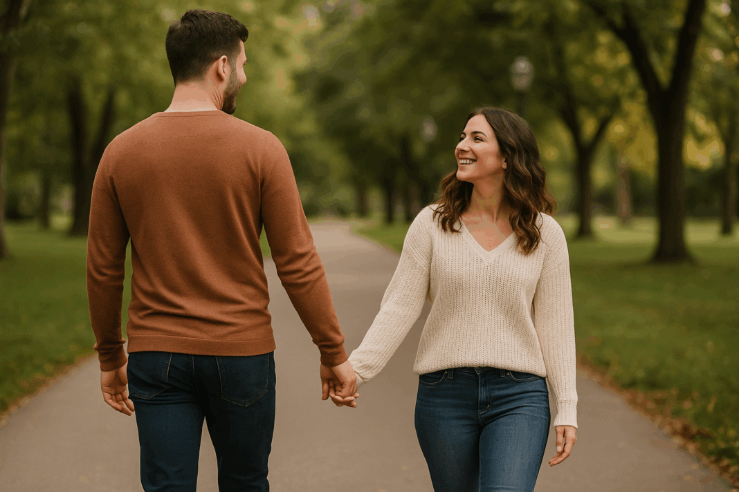 A couple walking together holding hands.