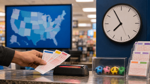 Lottery tickets at a store counter with a clock and U.S. map showing ticket sales cutoff times.